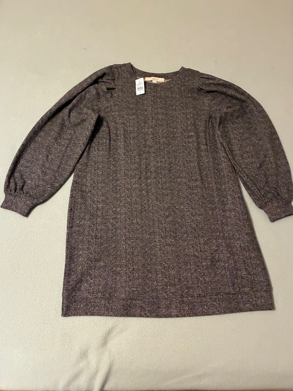 LOFT Petite Black and White Textured Long Sleeve Dress with Puff Sleeves - Picture 1 of 4